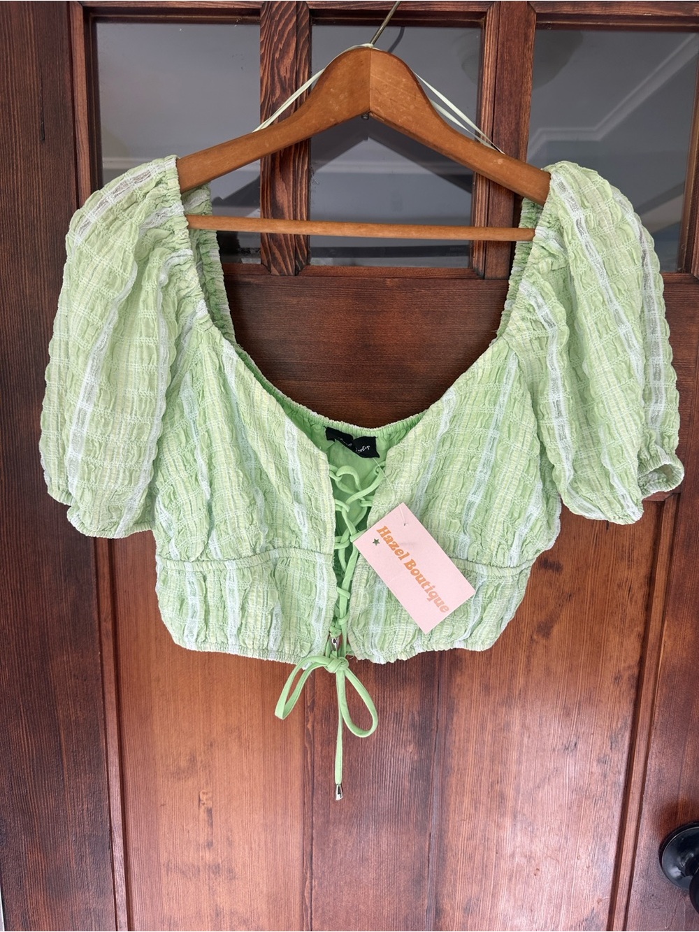 Blue Blush x Hazel Boutique Green Textured Lace-Up Puff Sleeve Crop Top M